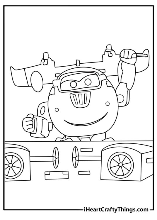 Donnie inventing new gadget on workbench Super Wings coloring page