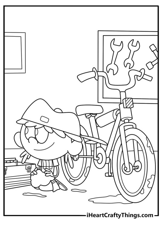 Lana Loud fixing muddy bike in garage easy coloring sheet