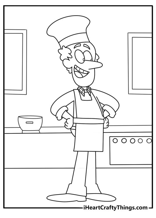 Lynn Sr cooking in kitchen with apron simple printable coloring page