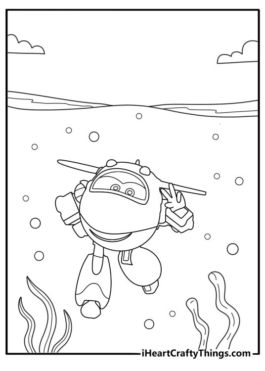 Mira from Super Wings diving underwater near coral reef coloring page