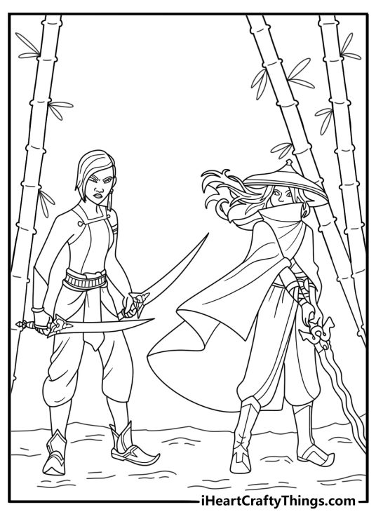 Namaari facing Raya in bamboo forest detailed coloring page