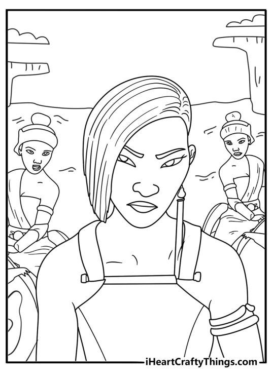 Namaari with Fang warriors in stone courtyard detailed coloring sheet