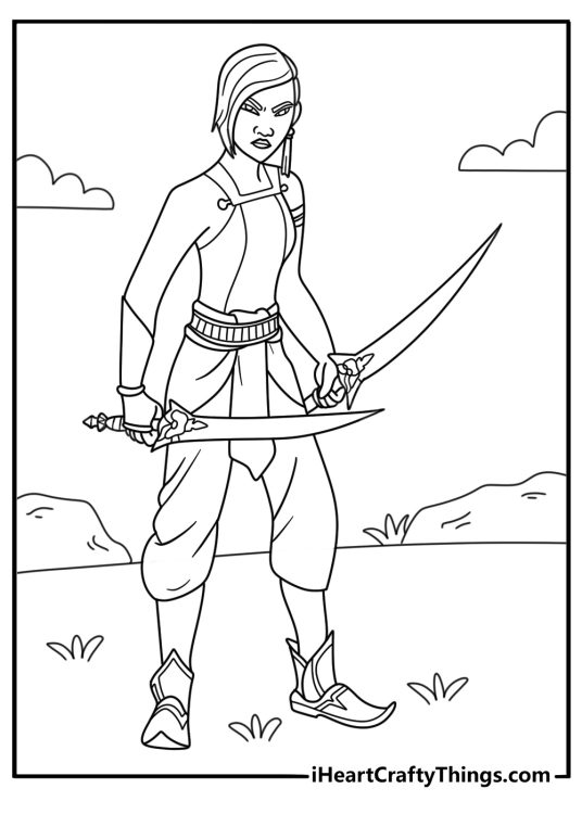 Namaari with dual swords in training stance coloring sheet for teens