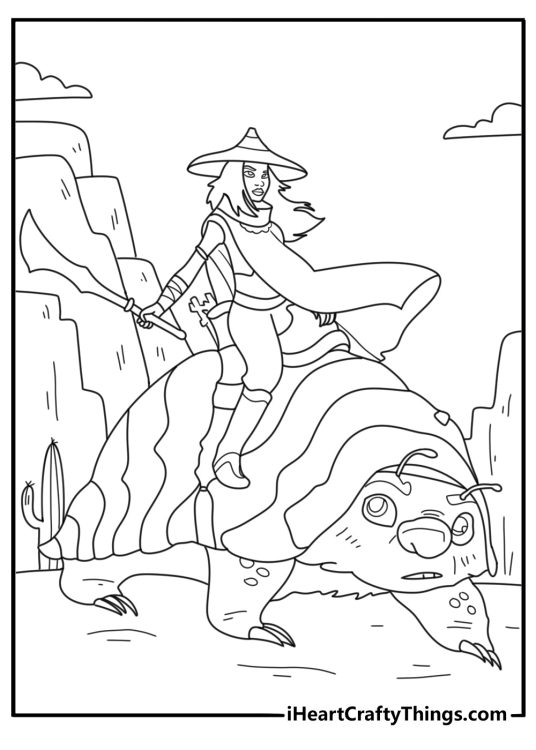 Raya and Sisu riding Tuk Tuk through desert landscape detailed coloring page