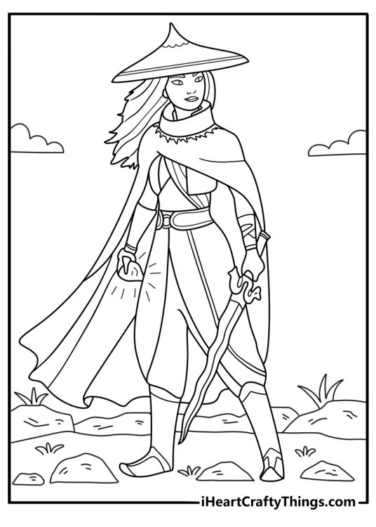 Raya and The Last Dragon coloring page with dragon gem glowing on pedestal