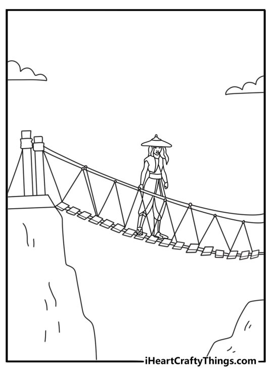 Raya crossing rope bridge over deep canyon action coloring sheet