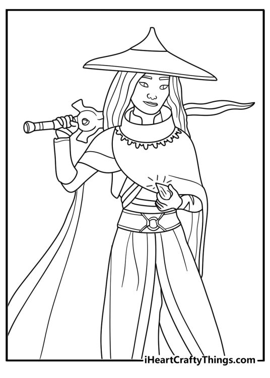 Raya holding broken dragon gem pieces in hands coloring printable