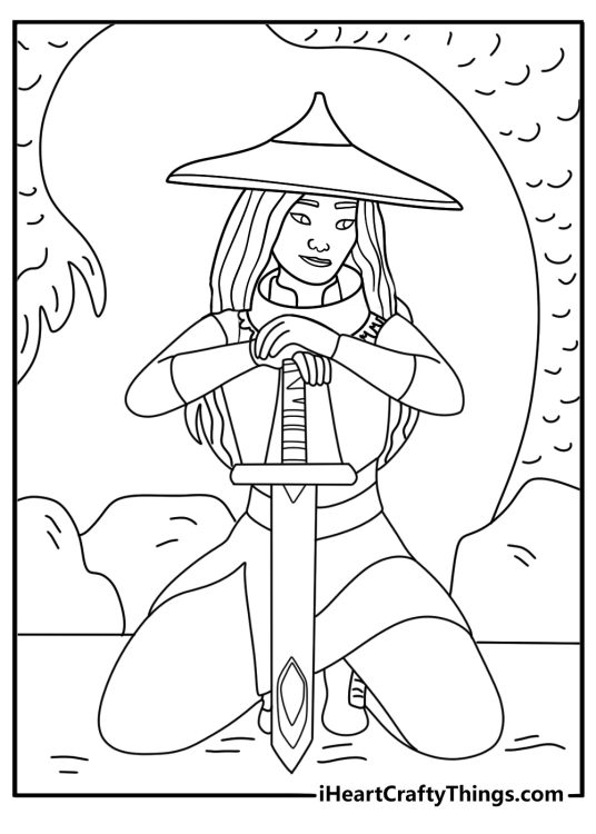 Raya kneeling before ancient dragon statue in temple printable coloring page