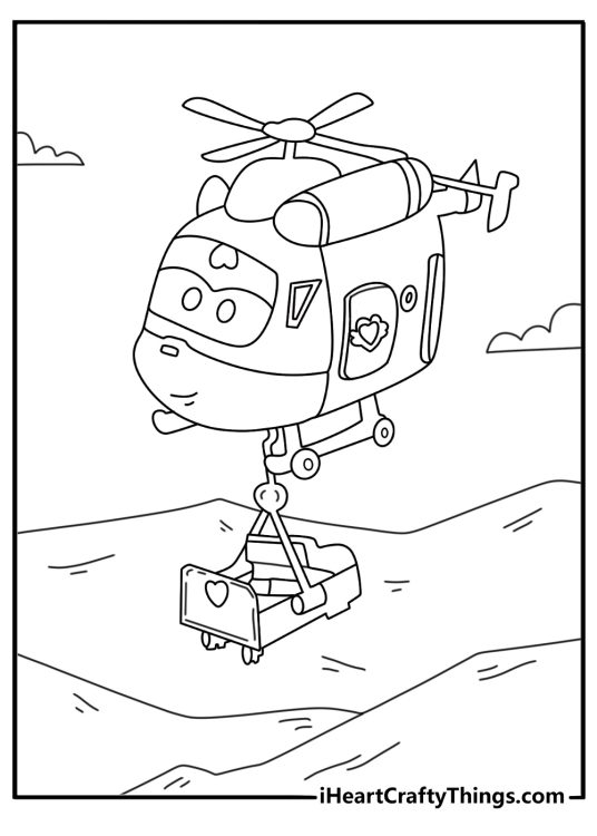 Simple coloring sheet with Dizzy rescue helicopter lifting stretcher in mountain area