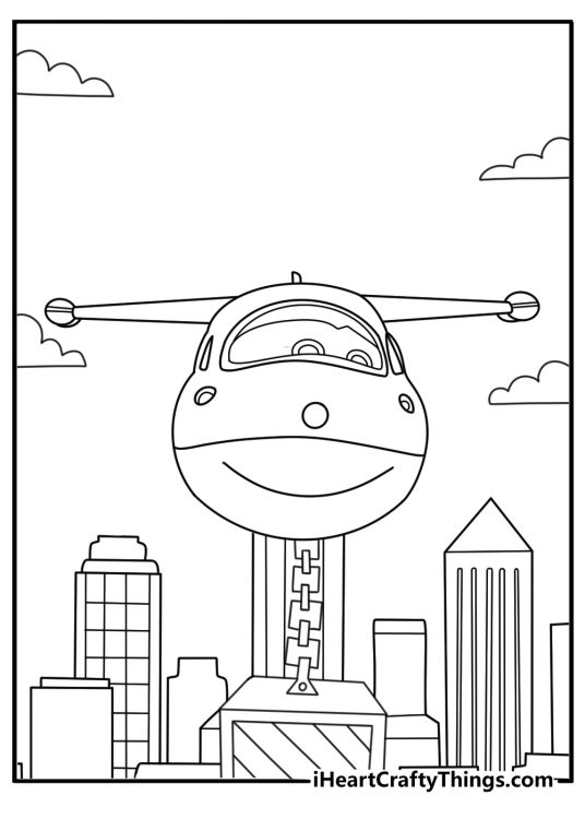 Super Wings coloring page of Jett flying over city skyline delivering a package