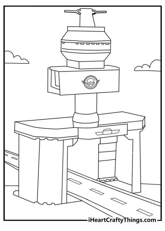 Super Wings coloring page showing airport control tower and runway scene