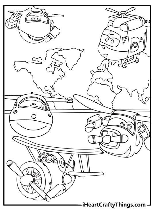 Super Wings coloring page with team gathered around world map
