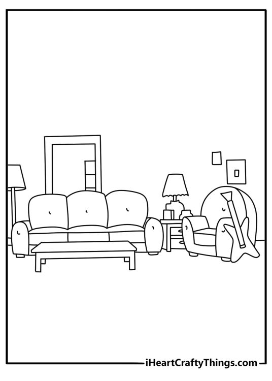 The Loud House coloring page showing family couch in living room