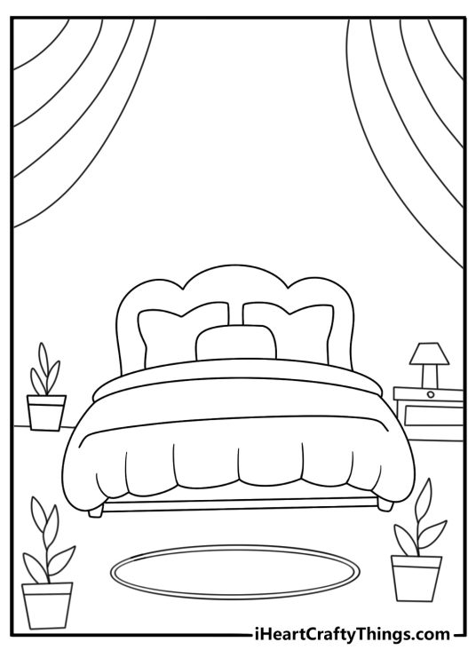 Aesthetic coloring pages kawaii with a cozy bedroom and shelf plants