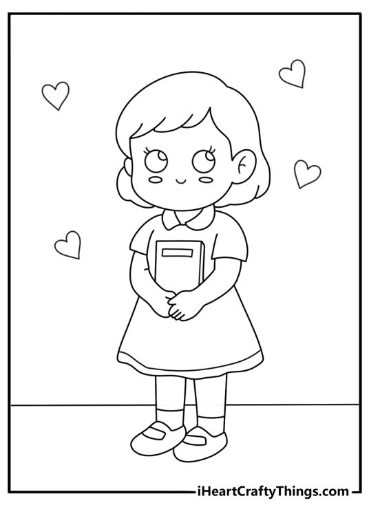Anime kawaii coloring pages with a chibi girl holding a sketchbook