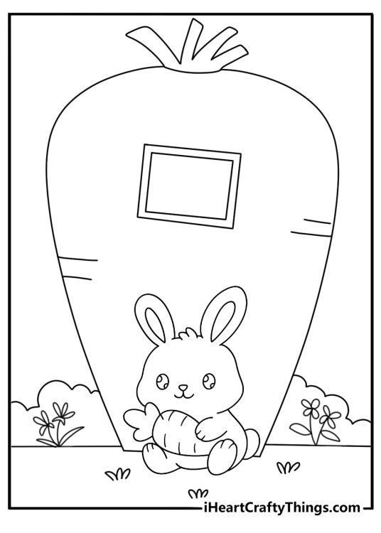 Cute kawall bunny coloring page with a carrot house