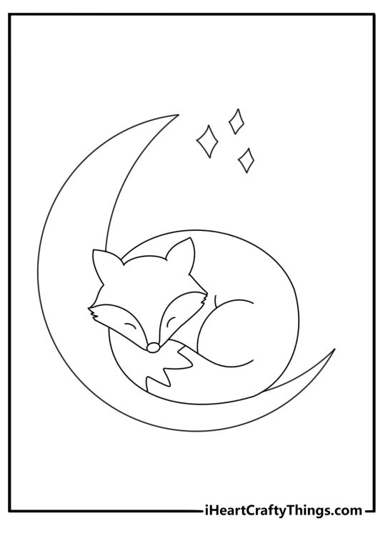 Easy kawaii cute coloring pages with a fox curled around a moon