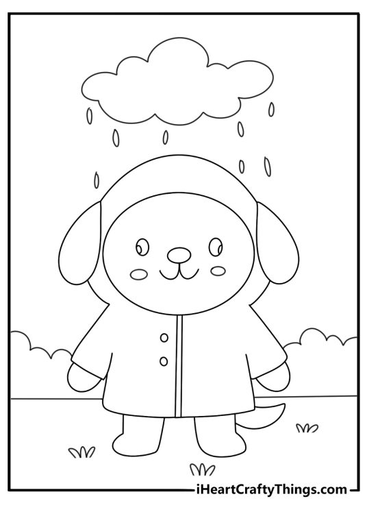 Free kawaii coloring sheet of a puppy in a raincoat under small clouds