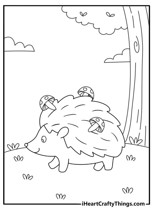 Kawaii animal coloring pages printable with a hedgehog carrying mushrooms