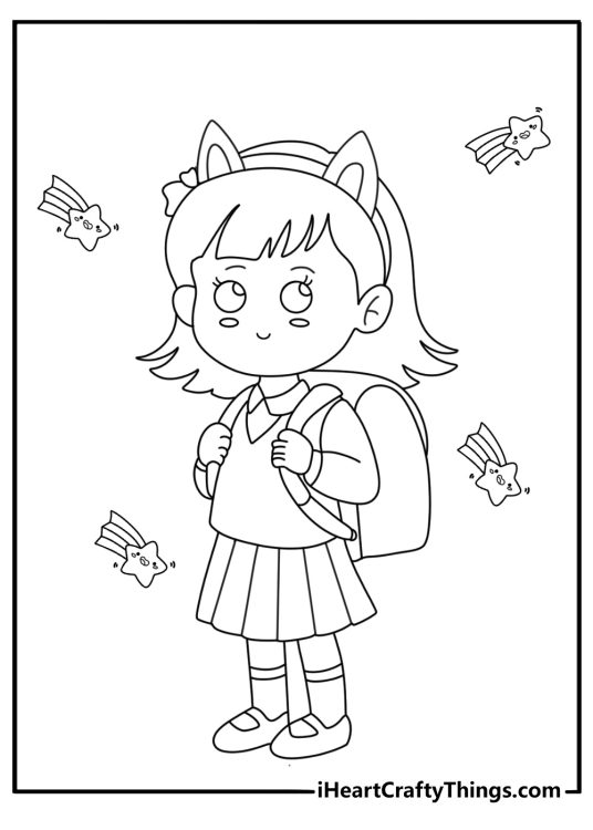 Kawaii anime cat girl coloring pages with cat ears and a school bag