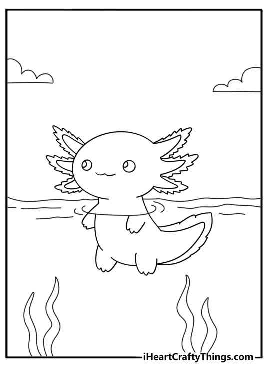 Kawaii axolotl coloring page with frilly gills in a pond