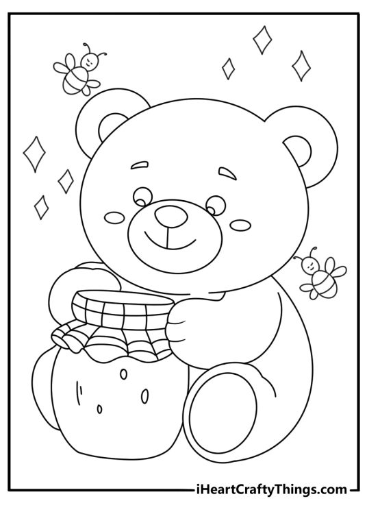 Kawaii bear coloring pages with a teddy bear in a honey jar