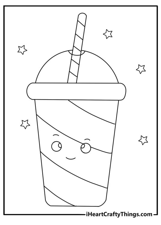 Kawaii boba tea coloring pages with pearl tea in a cup and straw