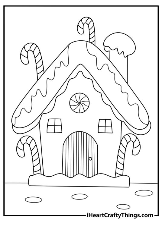Kawaii christmas coloring pages with a gingerbread house and candy canes