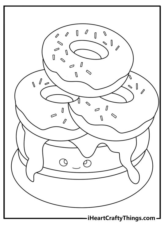 Kawaii coloring page free with a donut stacked over pancakes