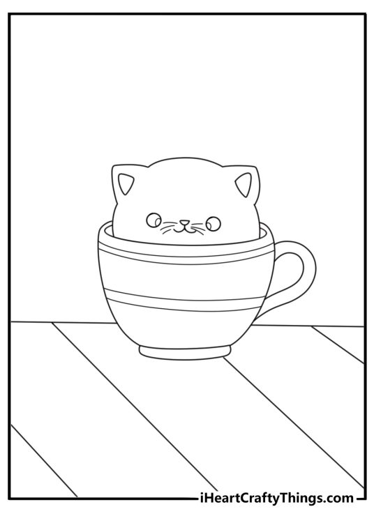Kawaii coloring page with a cat inside a teacup