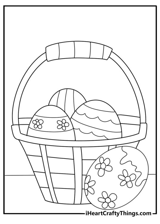 Kawaii coloring pages easter with painted eggs in a basket
