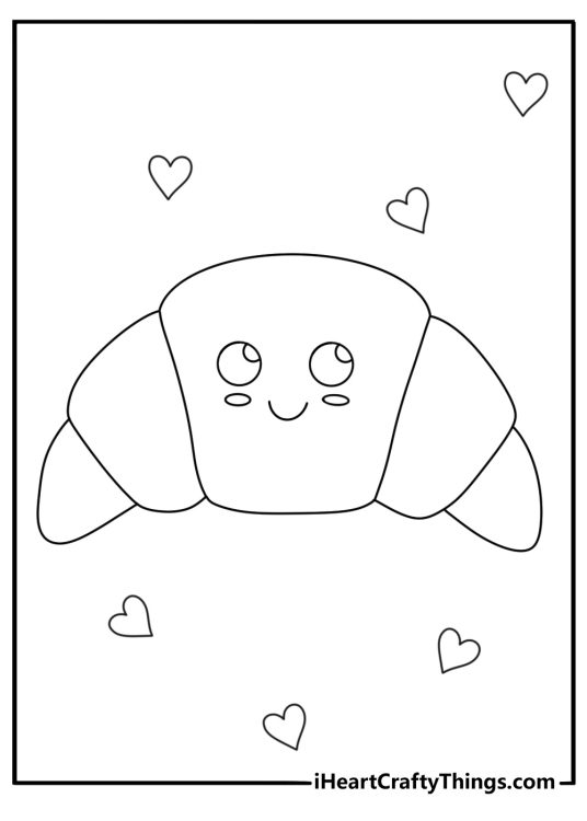 Kawaii coloring pages easy with a croissant tucked in a scarf