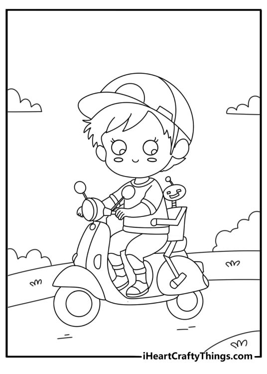 Kawaii coloring pages for boys with a robot friend on a scooter