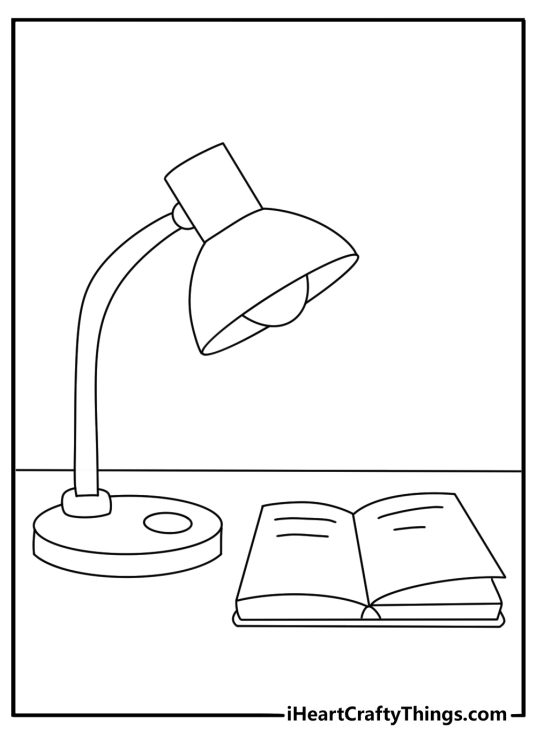 Kawaii coloring pages for teens with a cozy desk lamp and notebook