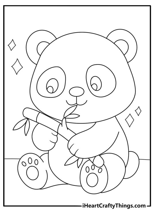 Kawaii coloring pages printable with a panda eating bamboo