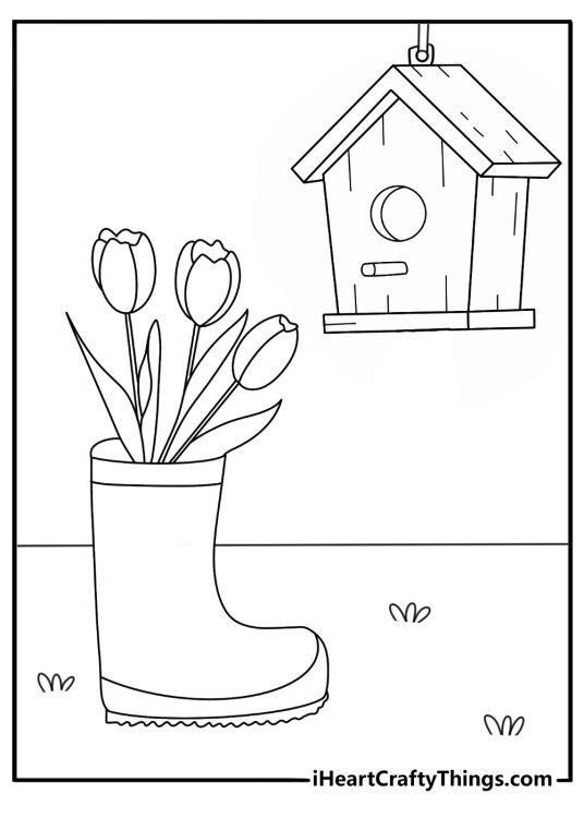 Kawaii coloring pages spring with tulips rain boots and a birdhouse
