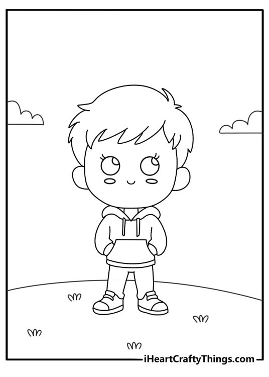 Kawaii coloring sheets anime with a chibi boy in a hoodie and sneakers