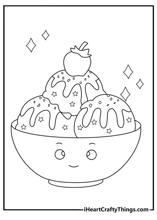 Kawaii cute coloring pages ice cream with a sundae topped with sprinkles