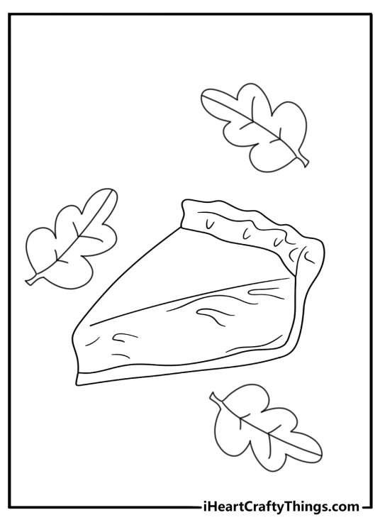 Kawaii cute fall coloring pages with acorns leaves and a pie slice