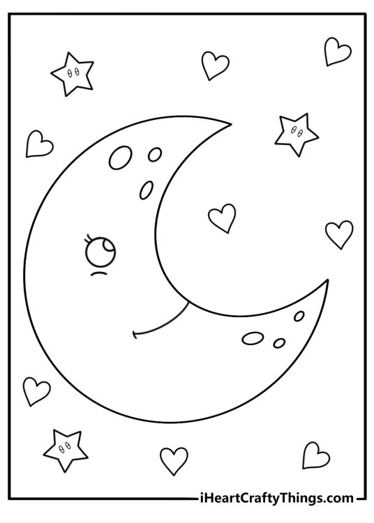 Kawaii doodle art coloring pages with stars moons hearts and tiny faces
