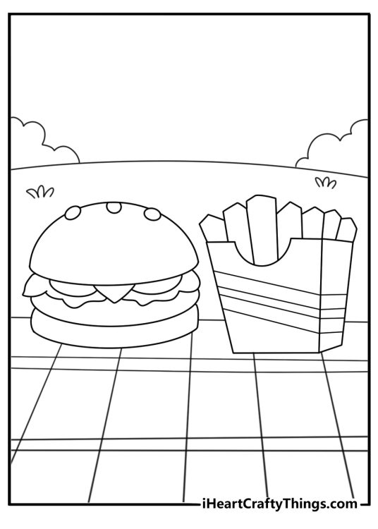 Kawaii food coloring pages printable with a burger and fries picnic