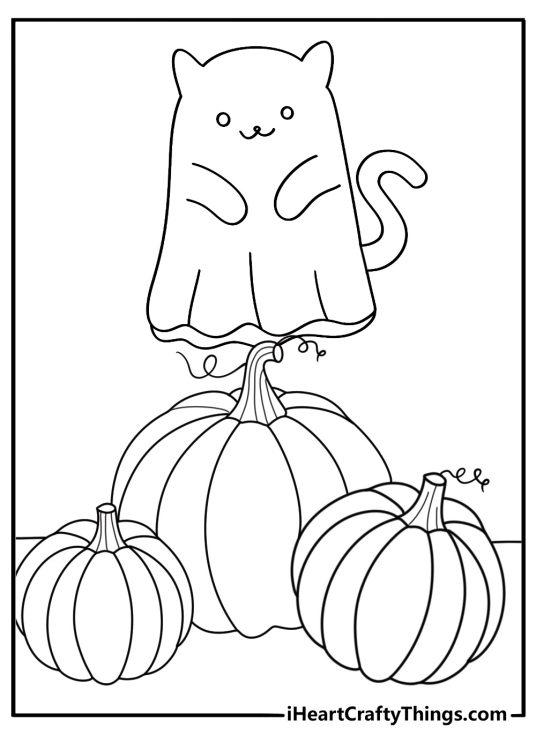 Kawaii halloween coloring sheets with a ghost cat near pumpkins