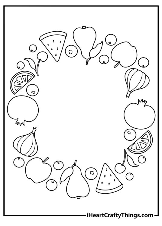 Kawaii mandala coloring pages with cute fruit shapes in a circle pattern