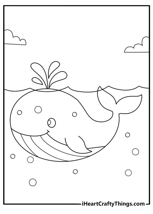 Kawaii ocean coloring pages with a whale floating near bubbles