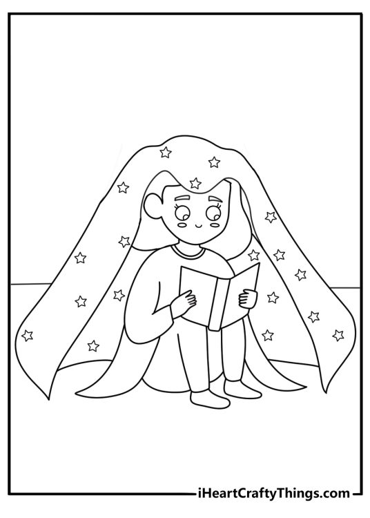 Kawaii printable coloring pages for girls with a girl reading in a blanket fort