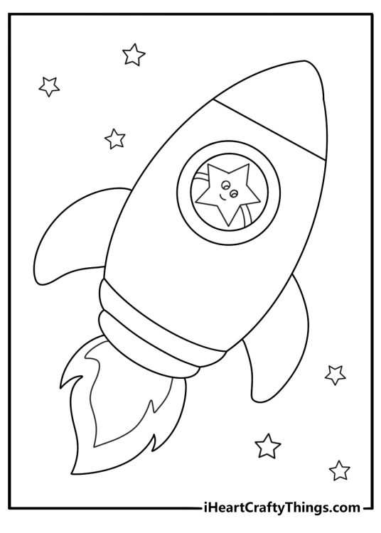 Kawaii space coloring pages with a star riding a rocket