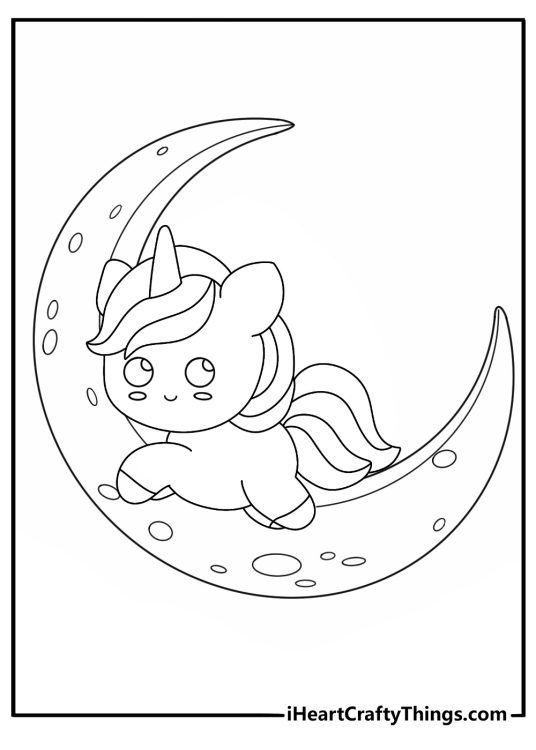 Kawaii unicorn coloring pages cute with a unicorn near a crescent moon