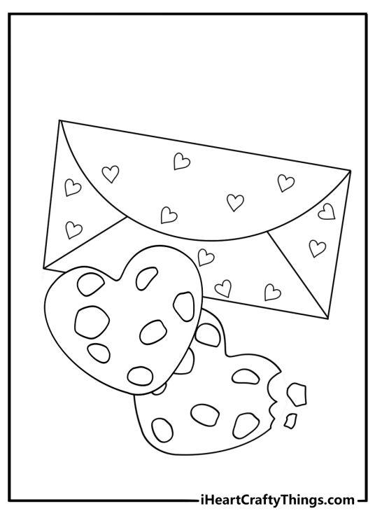 Kawaii valentines coloring page with heart cookies and love letters