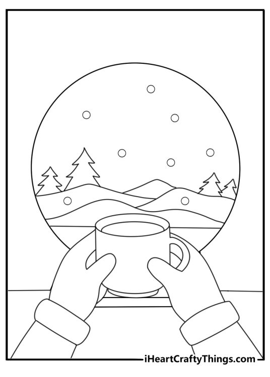 Kawaii winter coloring pages with mittens cocoa and a snow globe