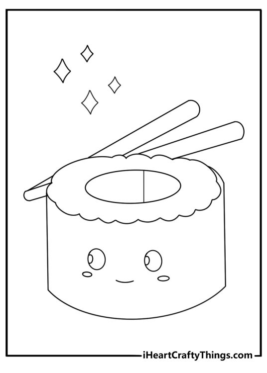 Printable coloring pages kawaii food with a sushi roll and chopsticks